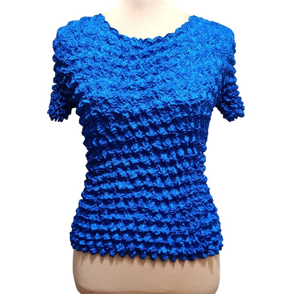 FC One Size Womens Blue Top Vintage Popcorn Crinkle Stretch Blouse Travel Shirt
